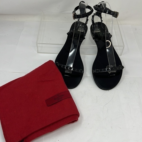 Valentino Sz 38 Black Jelly Rockstud Ankle-Strap Sandals Flats - Picture 1 of 10